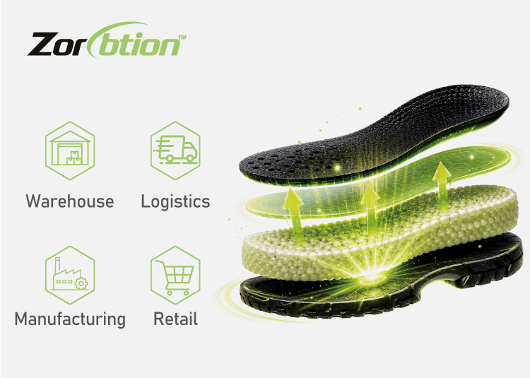 Zorption™ 缓冲技术，具有多层减震和能量返回系统，适用于安全鞋