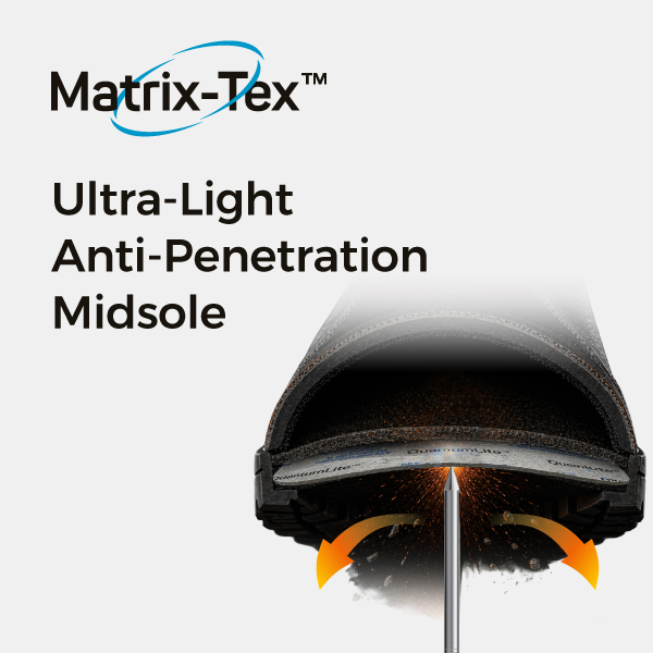 Matrix-Tex™ 超轻防刺穿中底技术，适用于防刺穿安全鞋